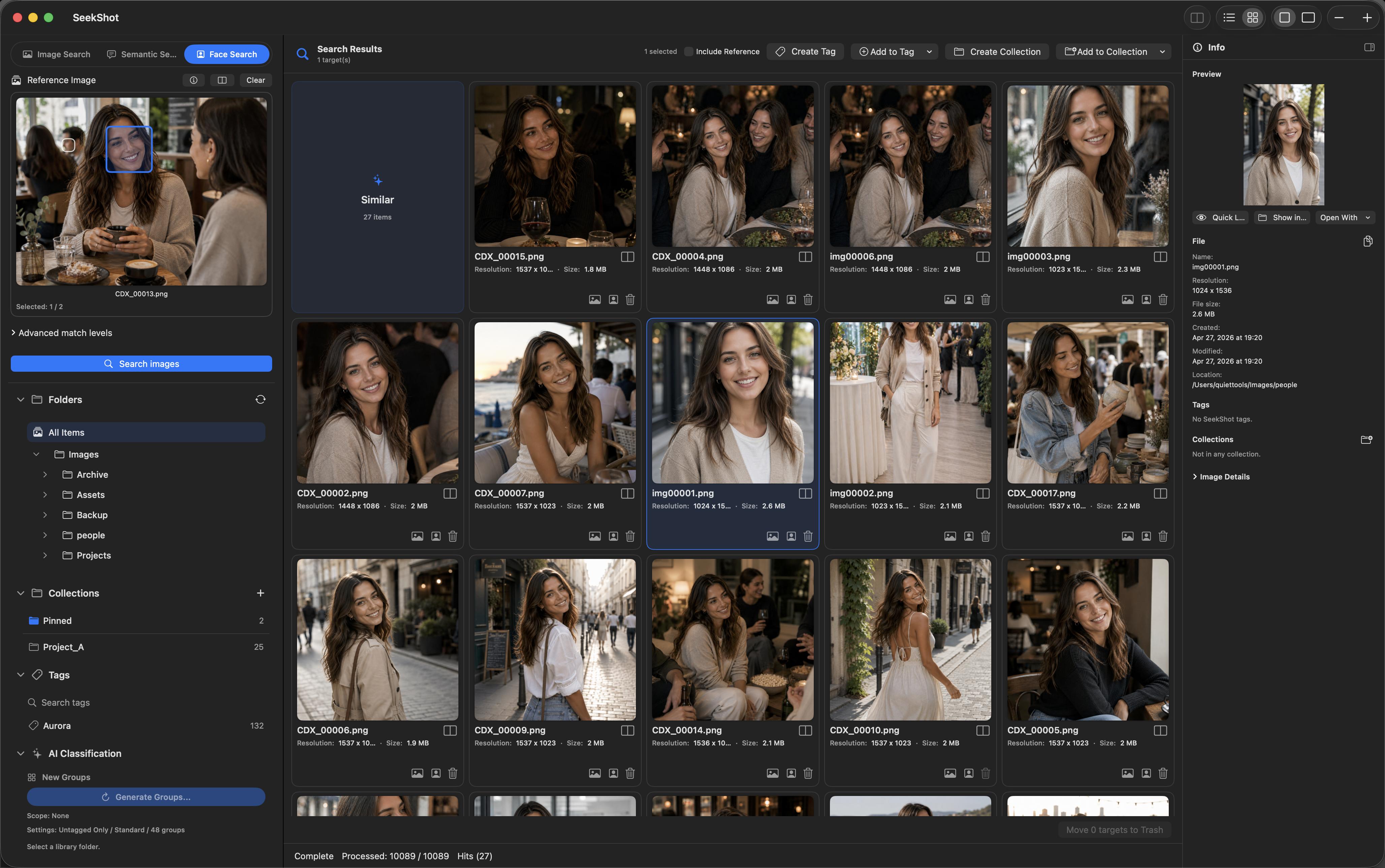SeekShot face search with a selected face and a grid of photos featuring the same person
