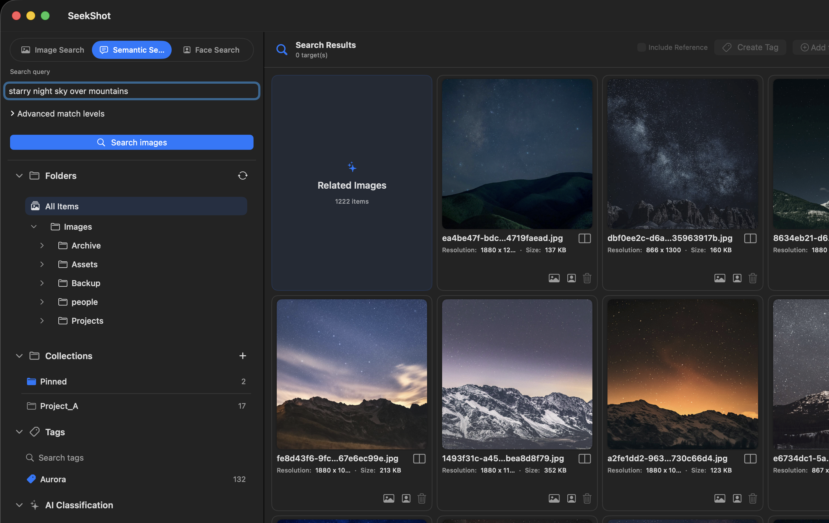 SeekShot natural-language search for "neon street at night" returning matching night city photos