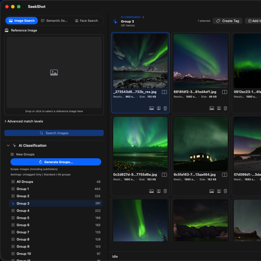 SeekShot AI classification grouping similar images into labeled clusters