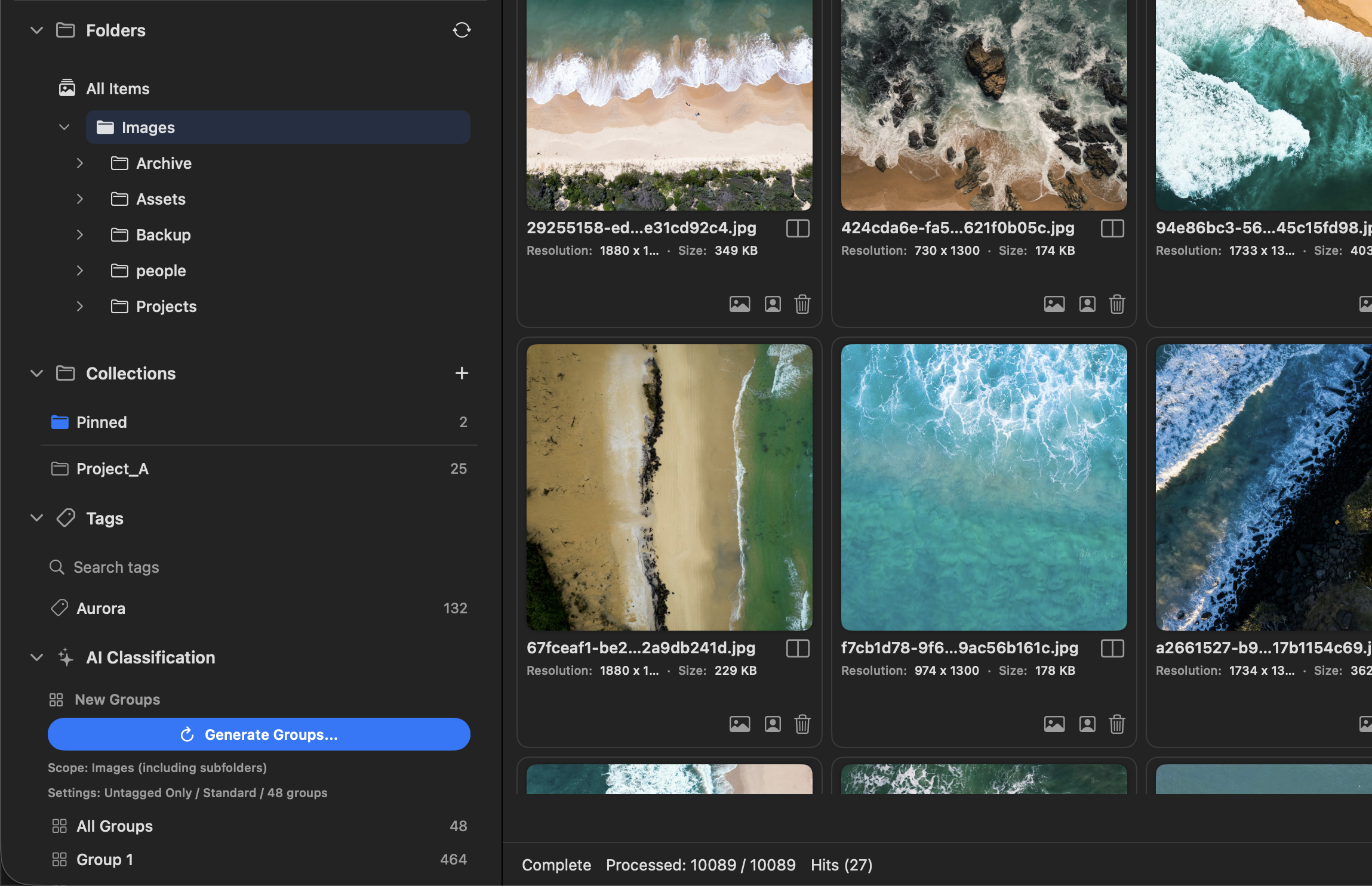 SeekShot collections sidebar with named collections and a filtered grid