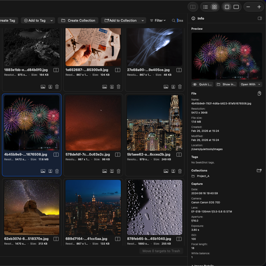 SeekShot info pane showing image preview, file details, tags, and recognized text