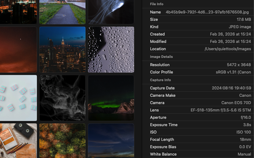 EXIF metadata display with detailed image information